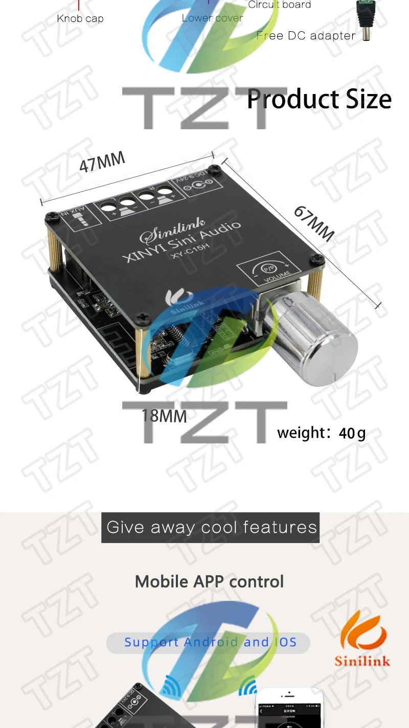 XY-C15H MINI Bluetooth 5.0 Audio Digital Power Verstärker Stereo Board 20Wx2 Bluetooth Amplificador App Steuerung Verstärken – Detail 5