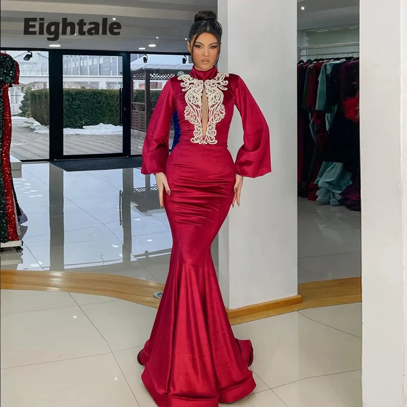 

Eightale Caftan Vevet Evening Dresses for Wedding Mermaid High Neck Prom Gowns Arabic Dubai Party Dress Custom Made