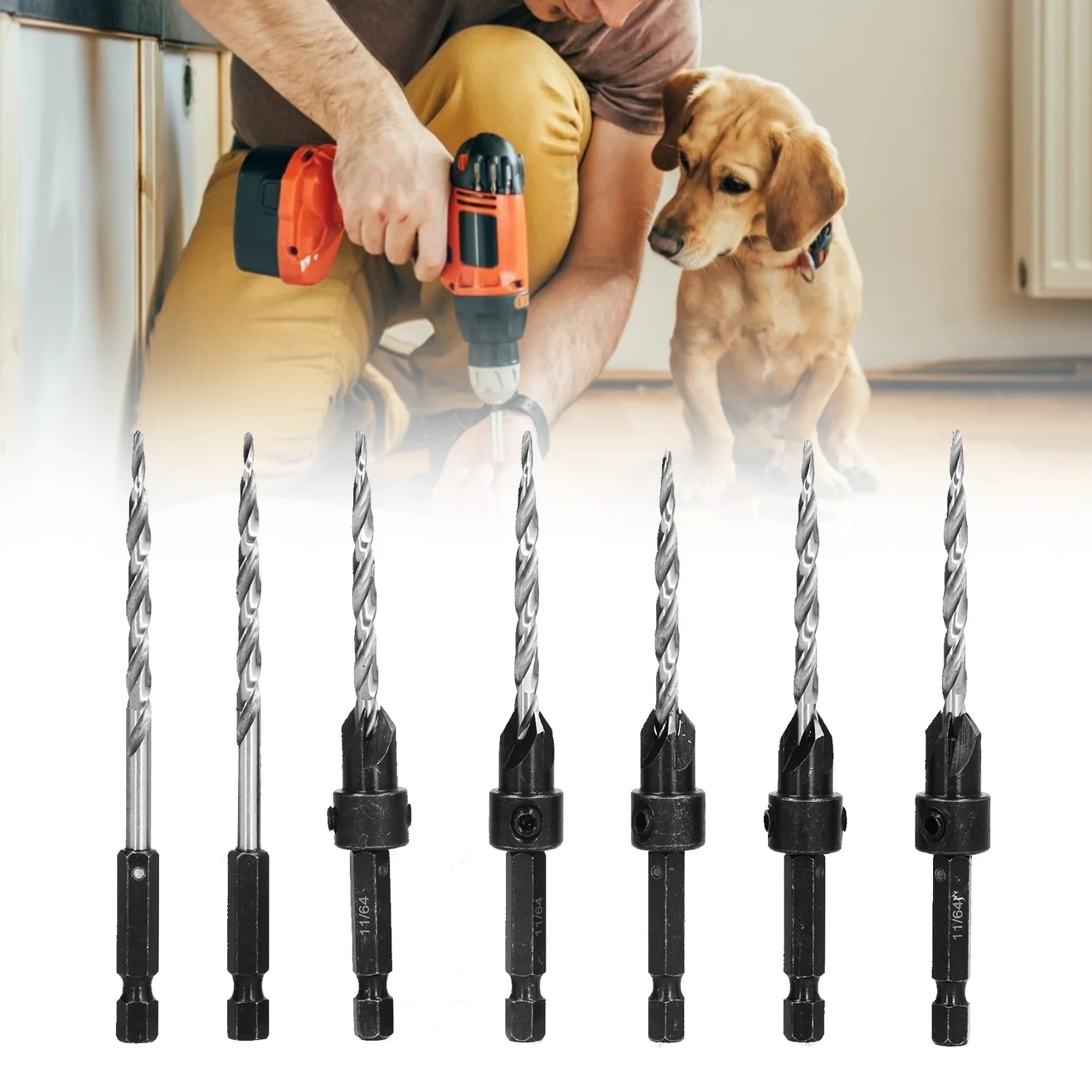 

Wood Countersink Drill Bit Set Inch Tapered Adjustable 1/4 Hex Shank With Collar Wrench 11/64