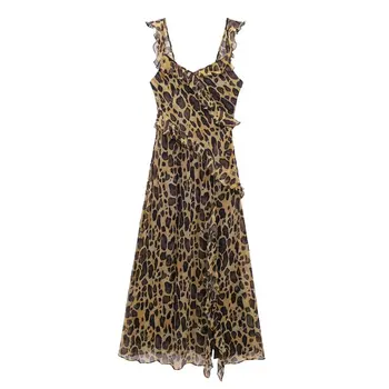 Tangada 2024 Summer Women Leopard Print Chiffon Dress Ruffles Ladies Long Dress 3H0193 - Image 1