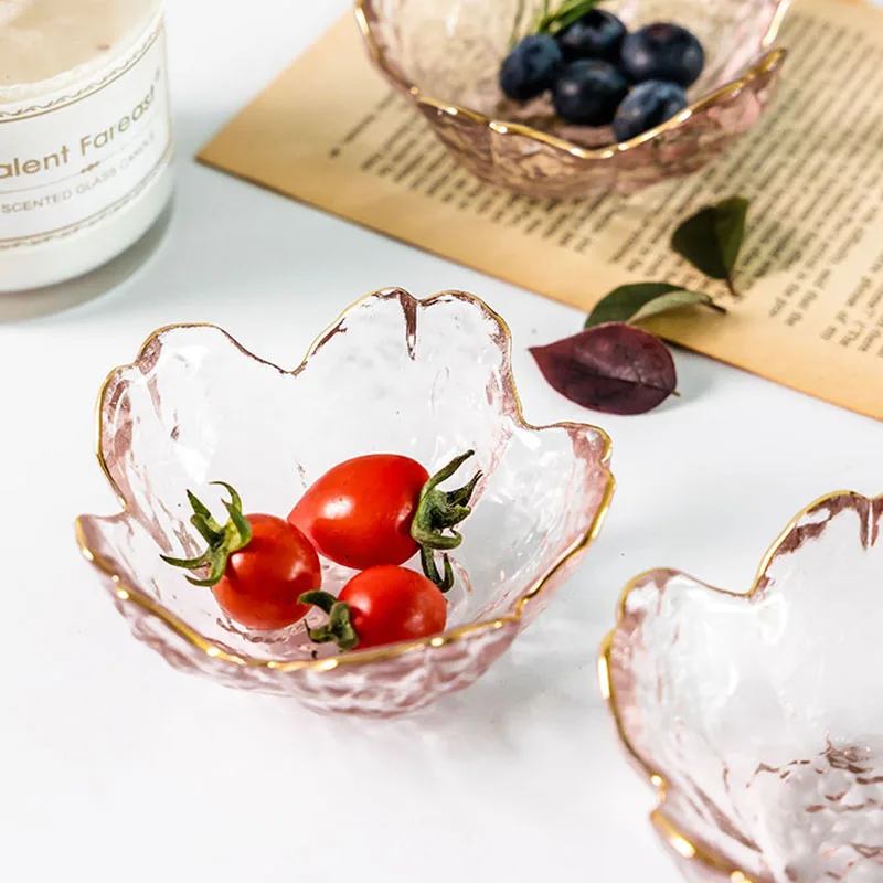 Cherry Blossom Sauce Dishes Small Glass Dish Sauce Bowl Nodic Gold Inlay Ice Cream Small Dinner Plates Kitchen Supplies 3pcs dining dish