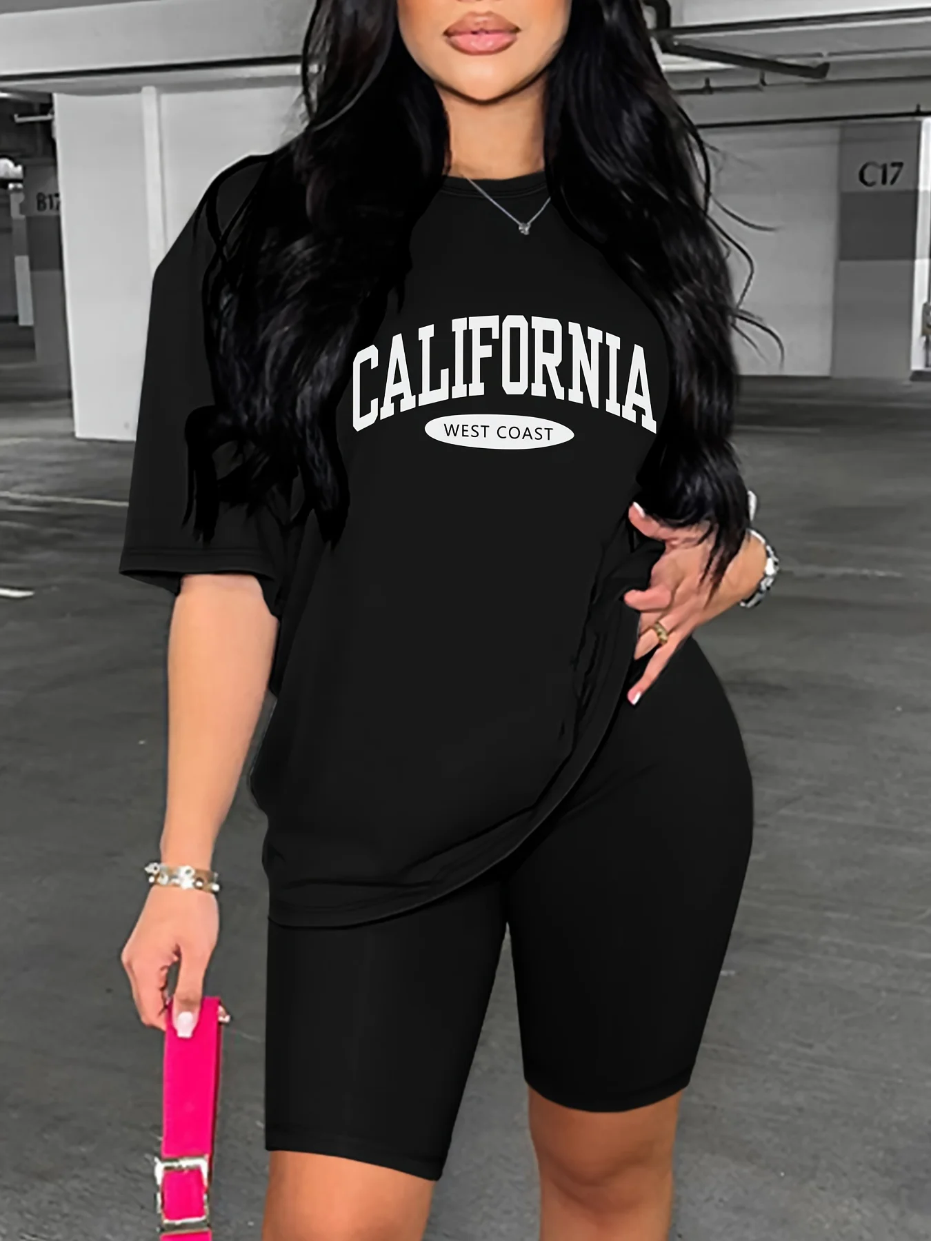 Women's summer casual loose fit large casual CALIFORNIA letter print round neck short sleeved T-shirt+shorts two-piece set 1