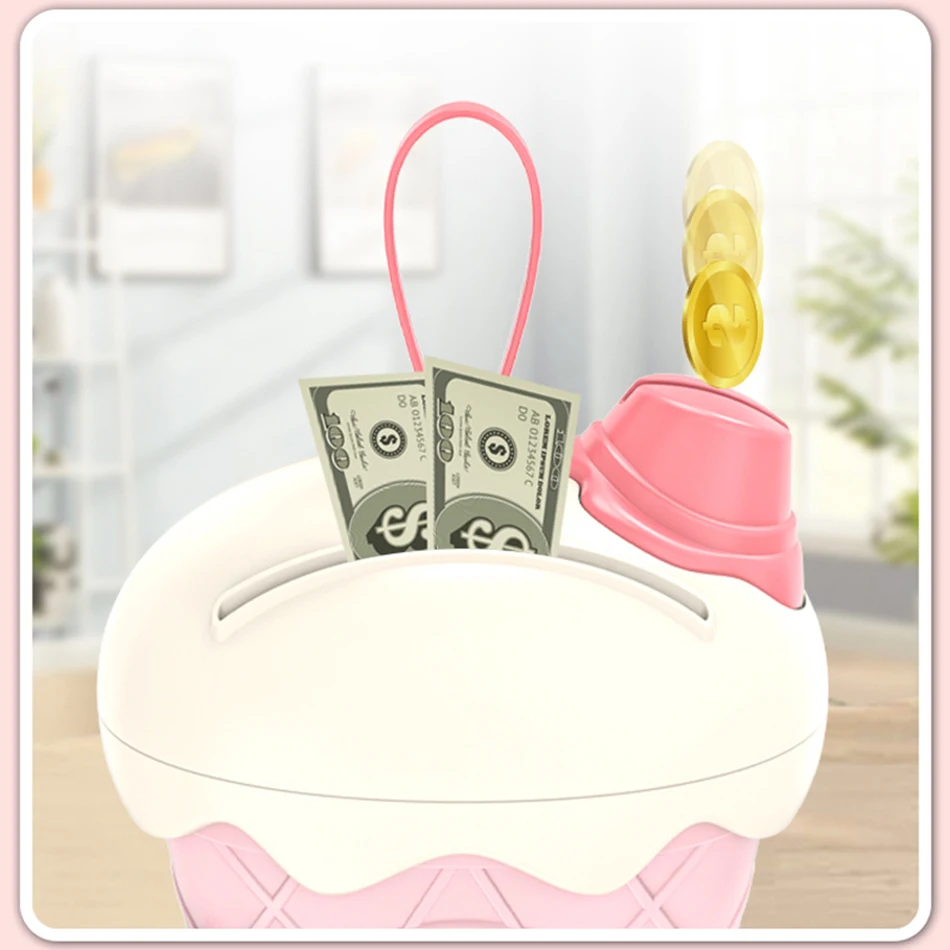 Kids Piggy Bank Ice Cream Hut piggy bank Cartoon DIY Stickers Saving Money Box with Keys Kawaii Large Capacity Toy for Kids Gift