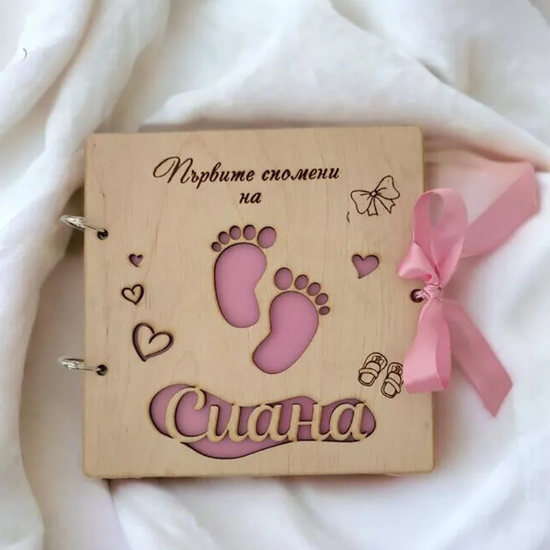 Personalized Photo Album,Wooden Covers Baby Book,First Year Baby Gift, Baptism Guestbook,Newborn Growth Record Book