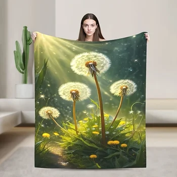 Charming dandelion printed flannel blanket - designed with vibrant natural inspiration and a starry sky background under the sun 1