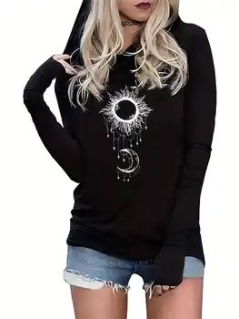 2026 Women's Spring and Autumn Edition Sun Moon Printed Black Hooded Long sleeved T-shirt Women's Clothing 1