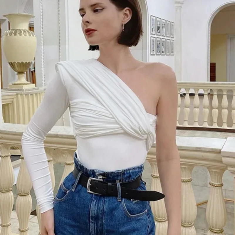 High Waist Irregular Bodysuit Backless Twist Streetwear One Shoulder Long Sleeve Tops Slim Club Party Sexy 19493