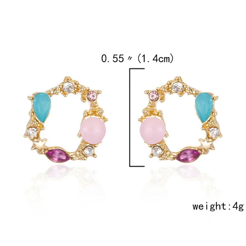 Classic Round Pink Green Crystal Stud Earrings Sweet Flower - Image 6