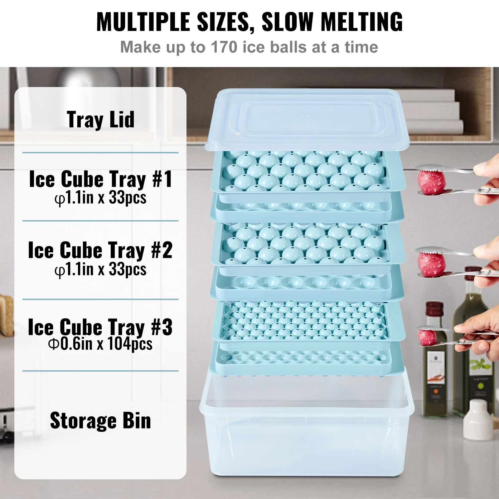 VEVOR 170 pcs Ice Cube Tray Round Ice Ball Maker for Freezer 2x33pcs & 1x104pcs Balls Sphere Cube Making Small
