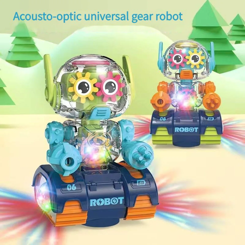 Transparent Electric Gear Robot Children Toy 360° Rotating Robot Universal Wheel Music Light Boys And Girls Toys Birthday Gifts rotating electric universal airliner model music led lights 360° rotation kids toy aircraft boys girls birthday christmas gift