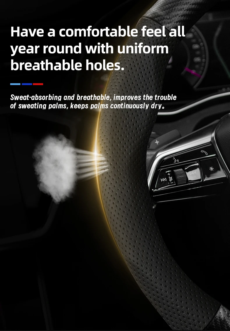 Passend für Skoda, atmungsaktives Leder, matte Carbonfaser-Textur, Lenkradbezug, geeignet für Octavia Rapid Kodiaq Karoq Fabia Superb Kamiq Citigo Scala Combi Kylaq Kushag Slavia 2 3 1 Roomster Schwarz – Detail 3