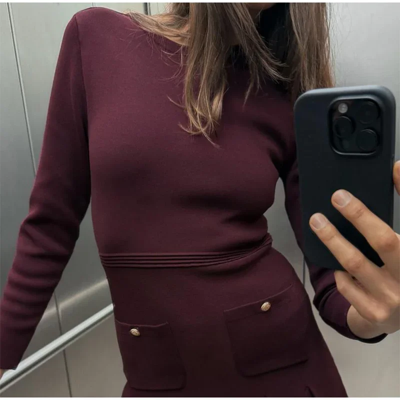 Knit Burgundy Red A-line Mini Dress Women O-neck Long Sleeves Pleat Party Dresses Female 2025 Spring New Pockets Button Vestidos