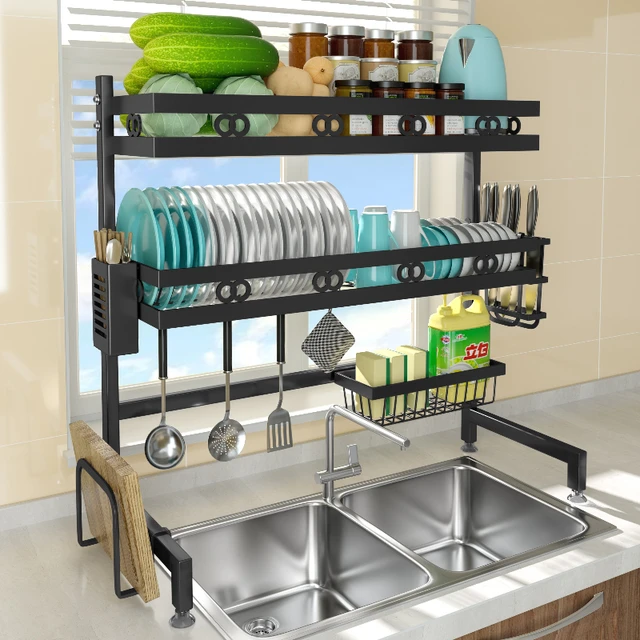 37.4 Stainless Steel Dish Drying Rack Over Kitchen Sink, Dishes and  Utensils Draining Shelf, Kitchen Storage Countertop Organizer, Utensils  Holder