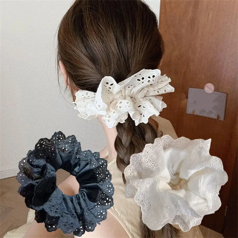 

Double-layer Lace Scrunchies Headdress For Women Korean Elegant Embroidery Hollowed Ruffled Ponytail Hair Band Hair Accessories