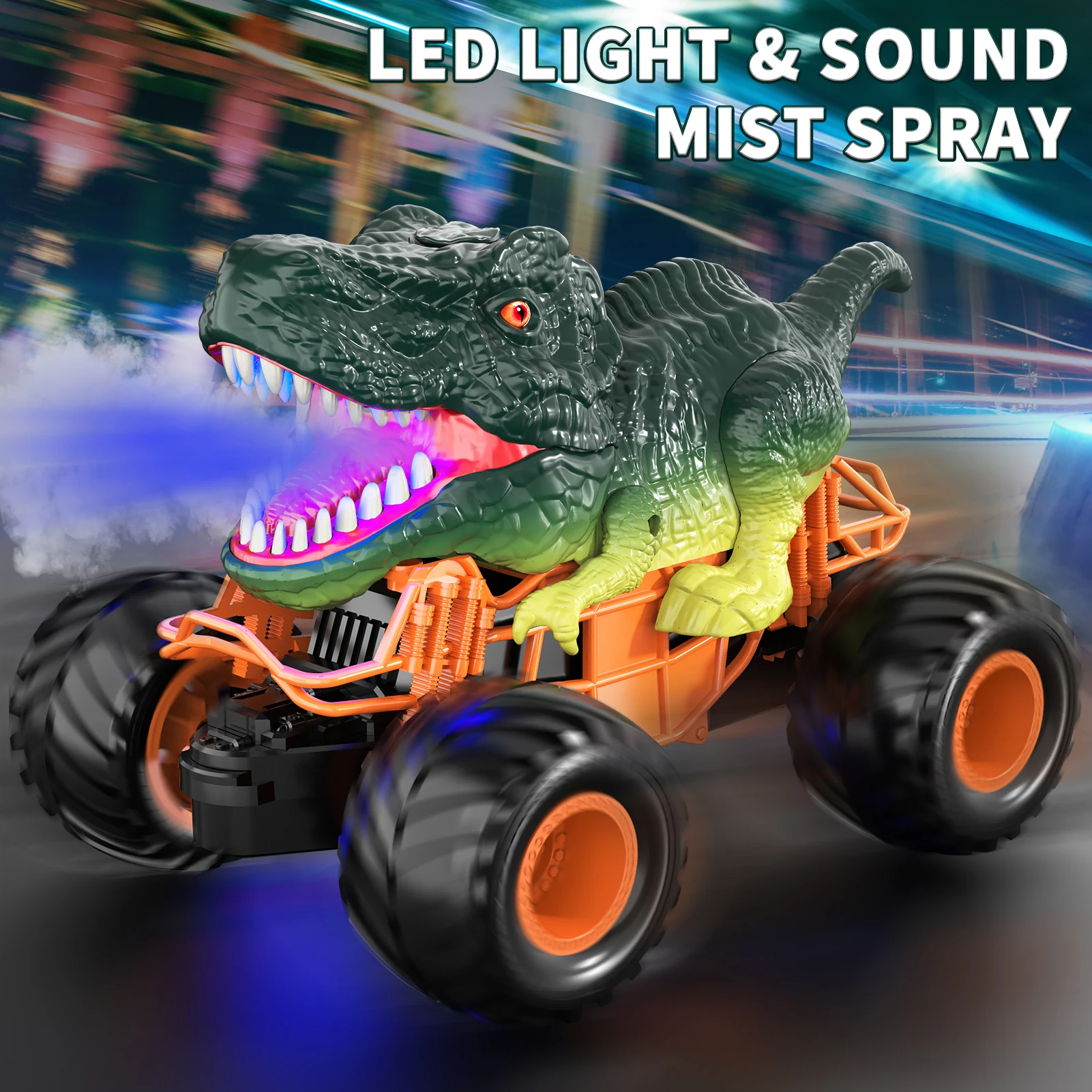 Remote Control Dinosaur Car, 2.4Ghz RC Truck for Toddlers, Electric Hobby RC Car Toys with Light & Sound Spray Birthday Gift for 4