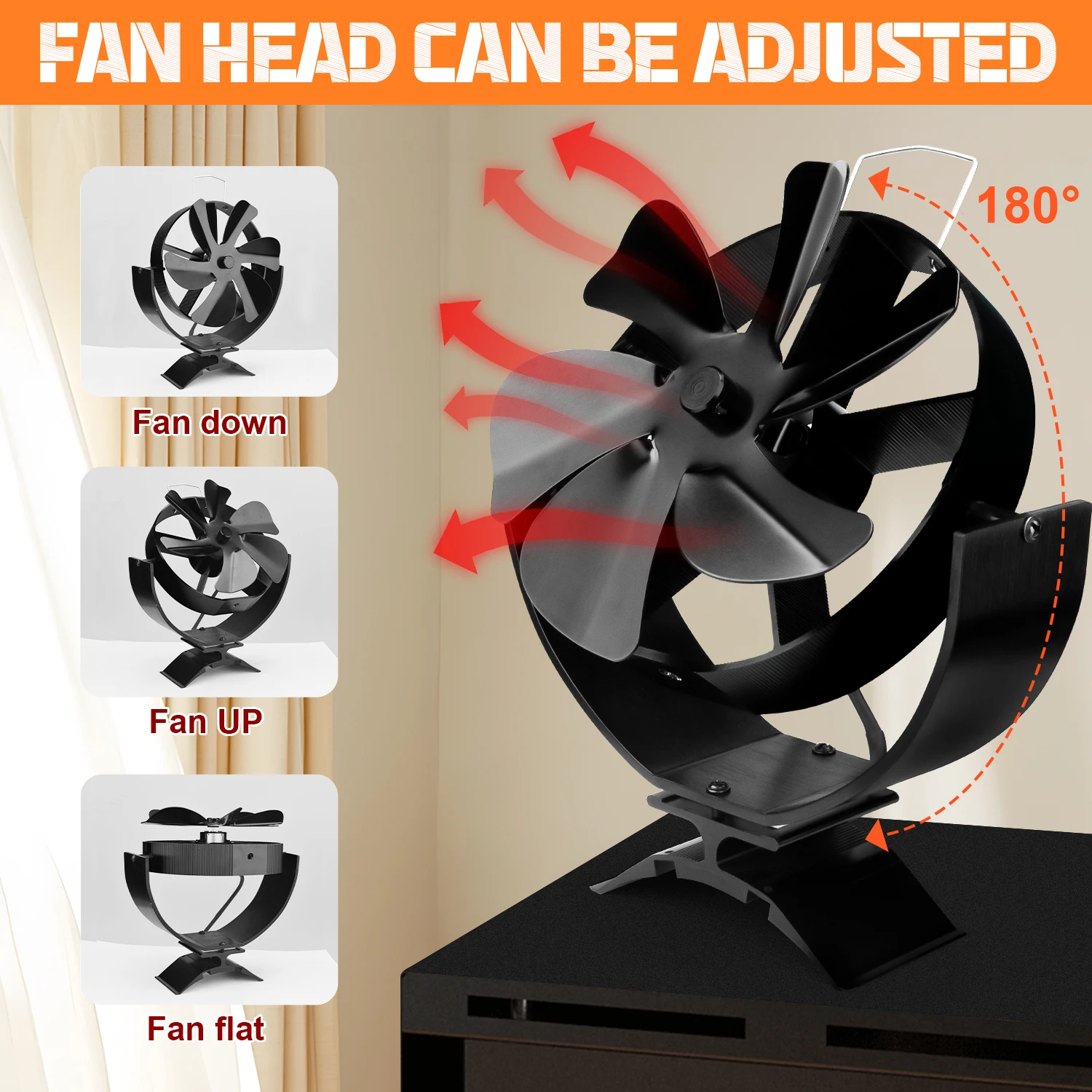 Fireplace Fan 6 Blades Heat Powered 360 Rotating Log Wood Burner Eco-fan Efficient Heat Distribution