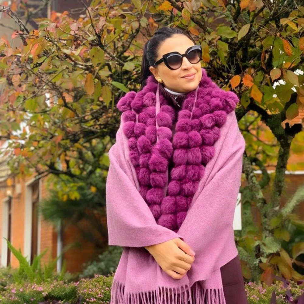 2023 Woman Autumn Winter Cashmere Wool Pashmina Scarf Muffler Wool Shawl With Real Rabbit Fur Pompoms