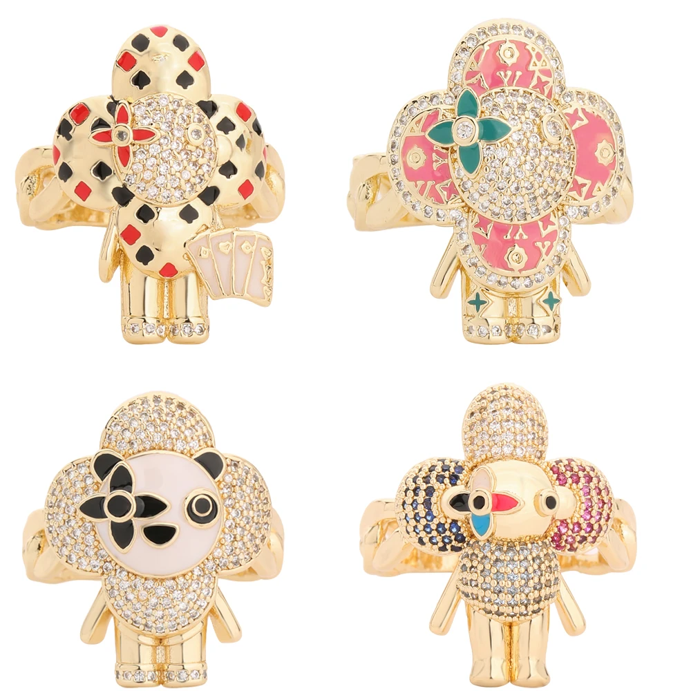

Cube crystal CAISE panda cartoon character ring, fashionable copper material for men and women, rap hip-hop jewelry
