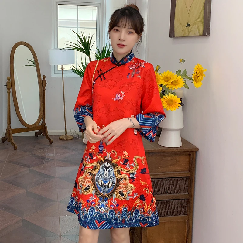 Ins Red Blue Loose 2021 New Fashion Modern Chinese Cheongsam A-line Dress Women 3/4 Sleeve Qipao Traditional Chinese Clothes