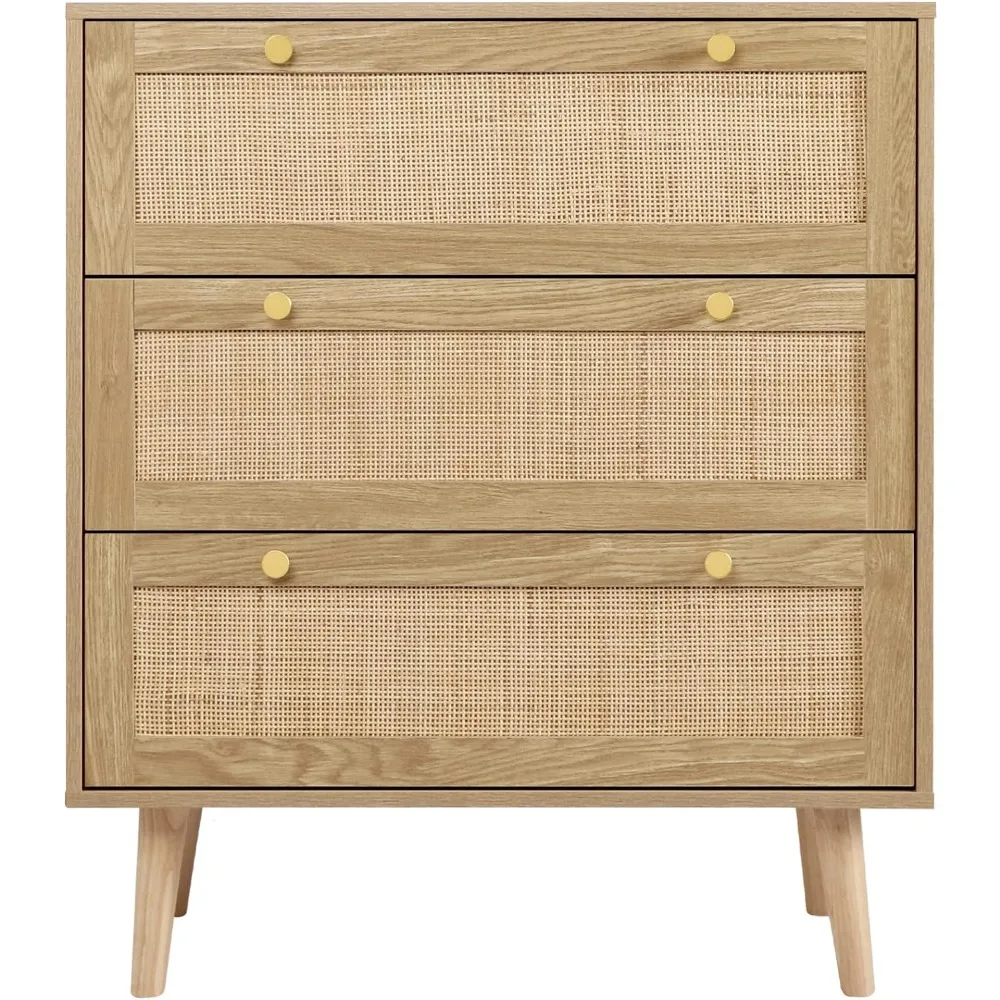 3 Drawer Dresser for Bedroom, Rattan Dresser Modern Wood Chest of Drawers with Spacious Storage for Bedroom Hallway Living Room images - 6