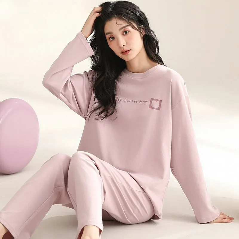 2024 New Pure Cotton Pajamas Spring Autumn Women Round Neck Long Sleeve Casual Sleepwear Set Loose Solid Color Homewear Suit new pajamas set for women 2023 spring long sleeve homewear suit cartoon leisure girls pijamas autumn woman sleepwear pyjama suit