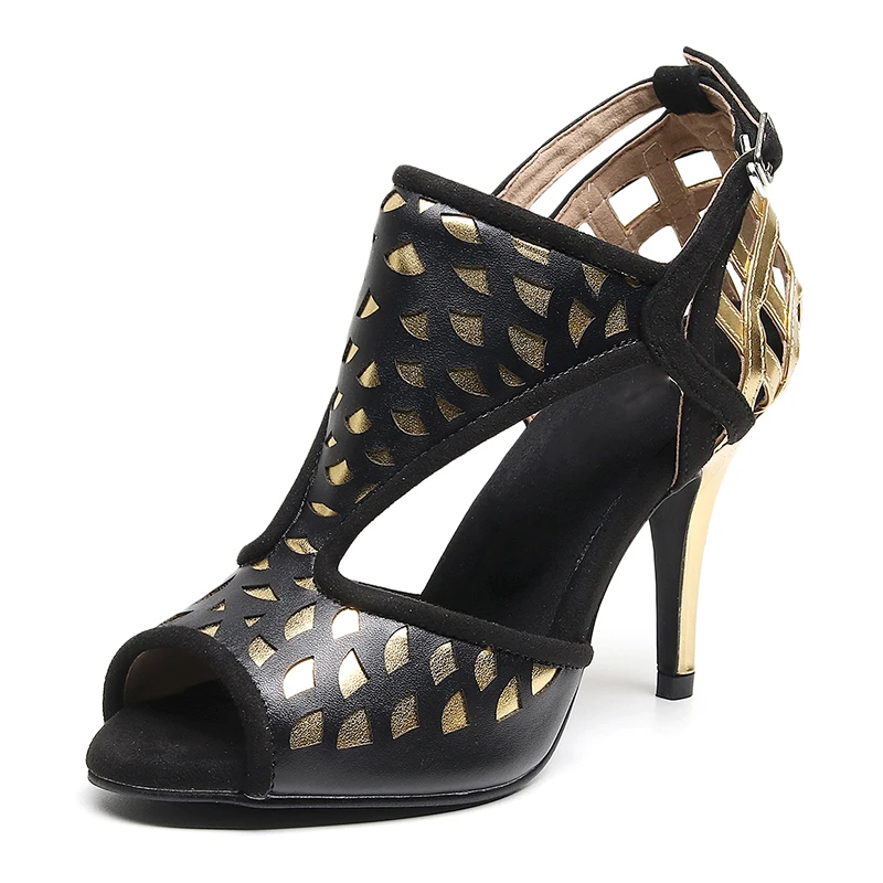 Woman Black Dance Shoes with golden sector shape High Heels Suede