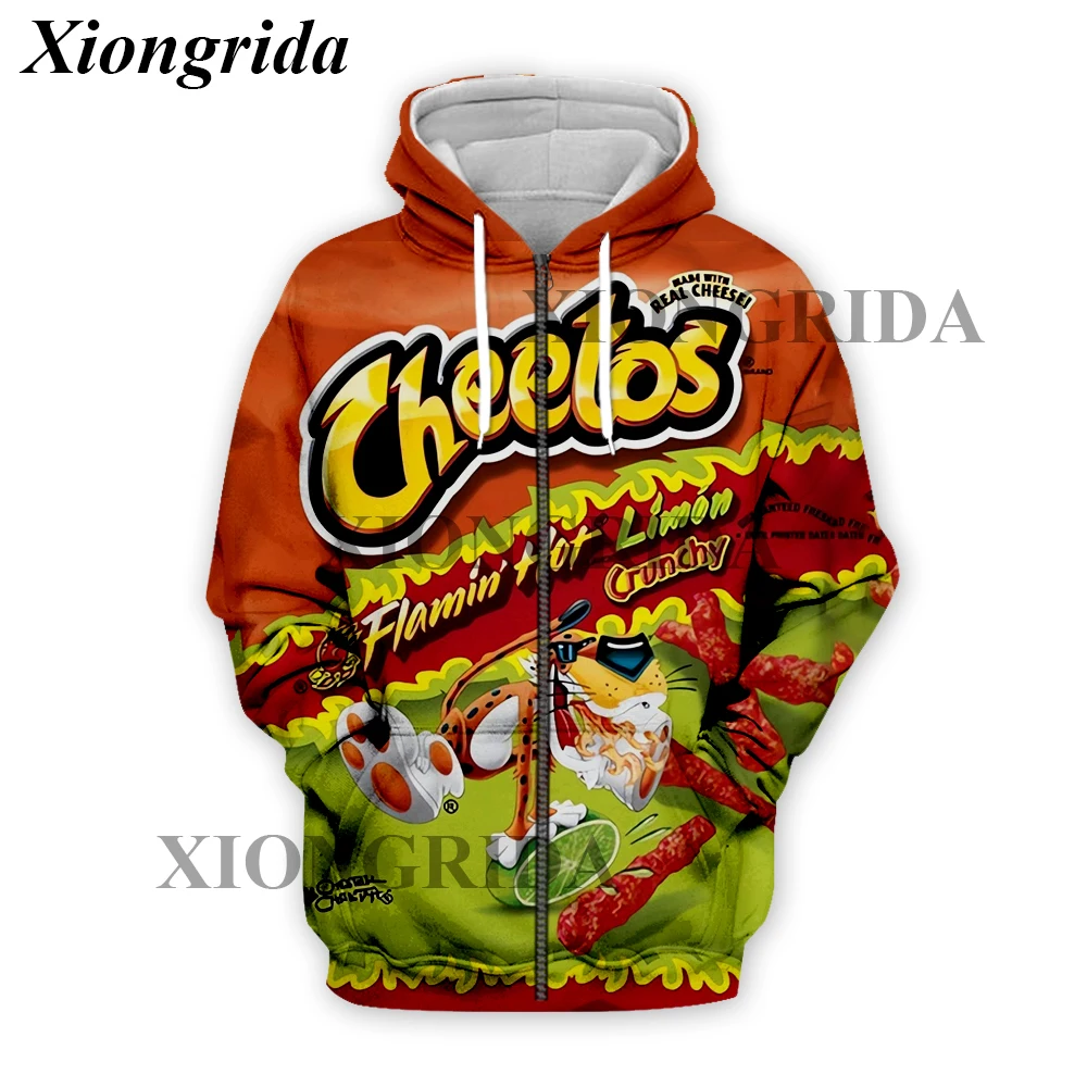 Novelty Hot Cheetos Food Puffs Zip Hoodies 3D Printed Mens Sweatshirt Harajuku All Over Print Unisex Pullover Hood Zip Top S-5XL