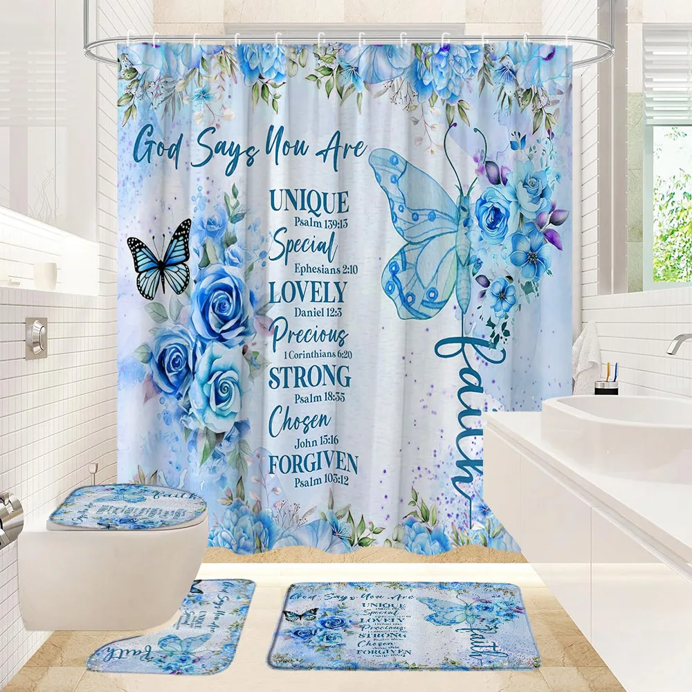 

Butterfly Flower Shower Curtain Botanical Leaf Inspirational Quotes Home Fabric Art Bathroom Decor Set Toilet Cover Bath Mat Rug