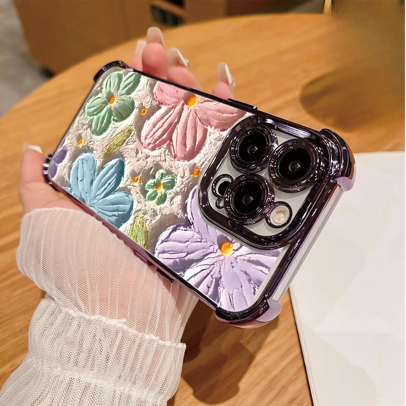 Plating Armor Oil Painting Flower Shockproof Clear Phone Case
