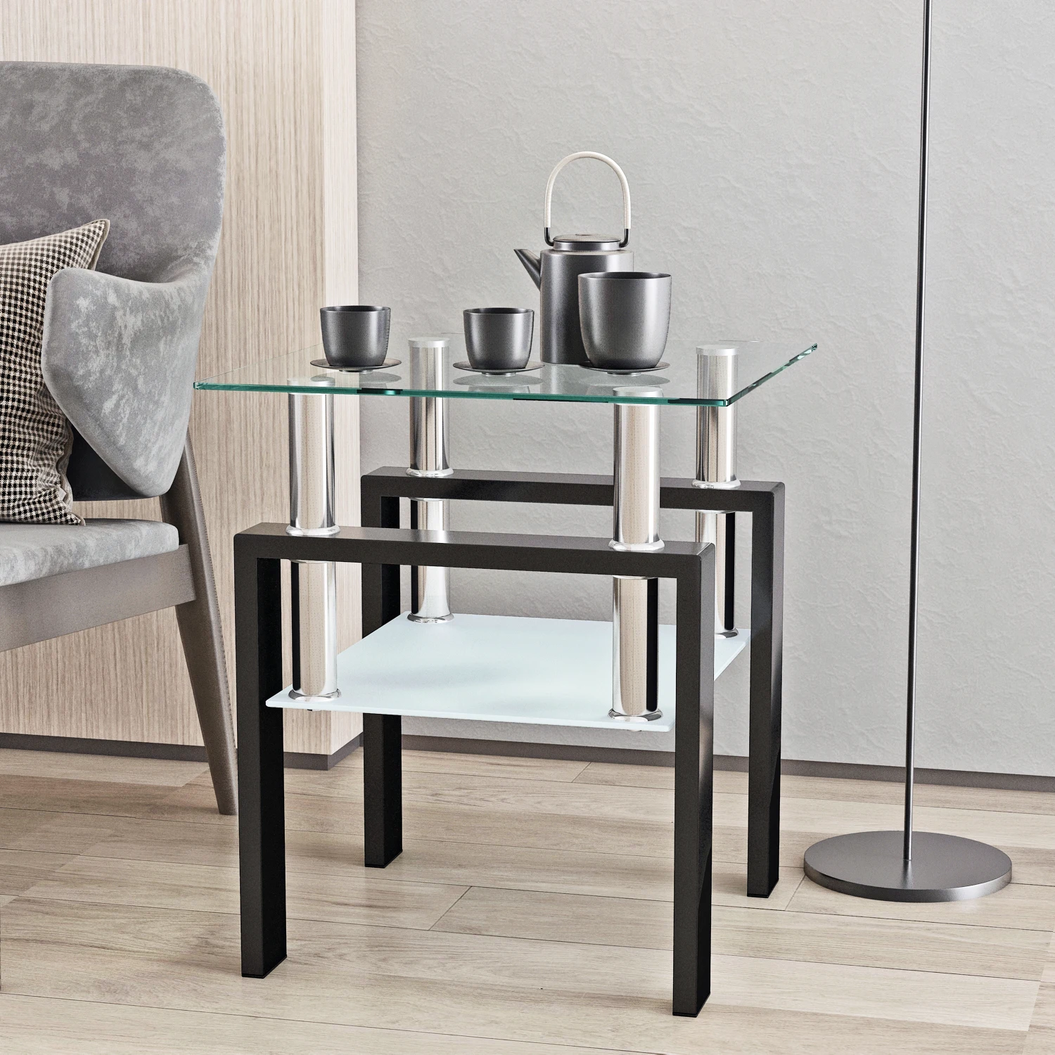 

Modern Transparent/Black 1-Piece Tempered Glass Square Tea Coffee End Table for Stylish Living Room Décor