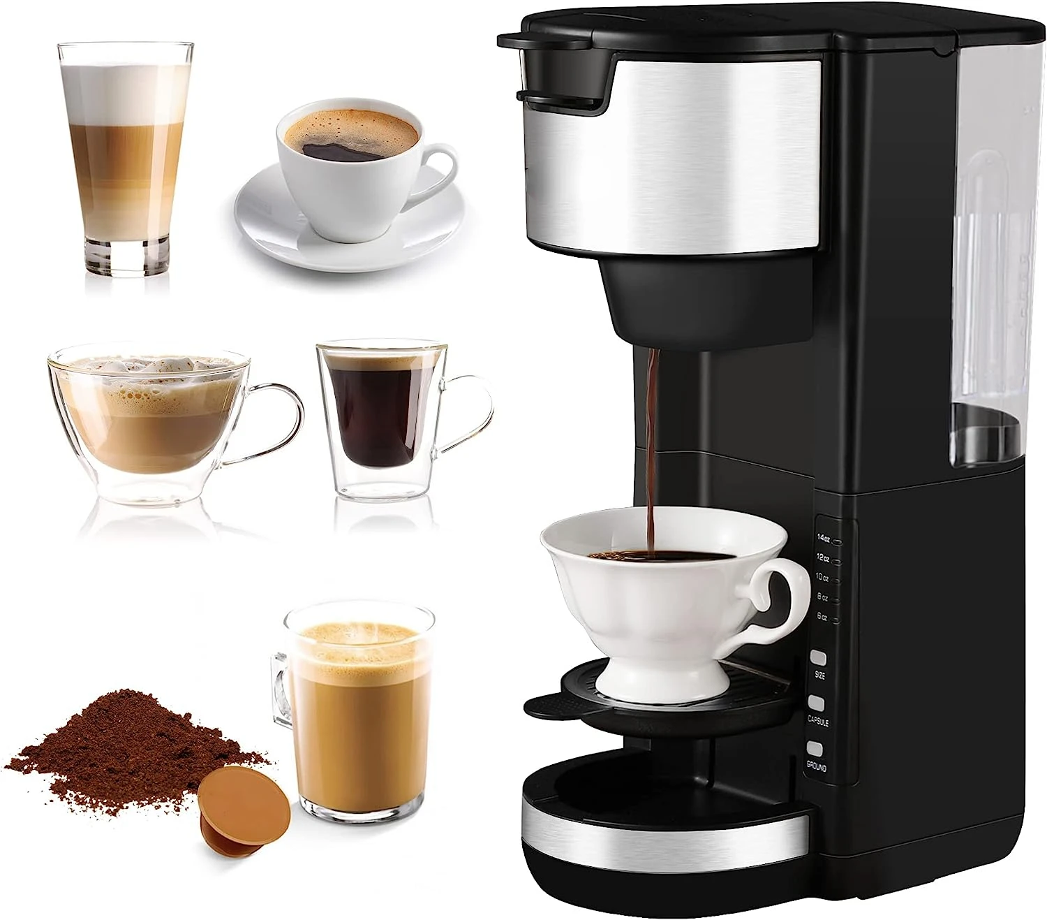 

Serve Coffee Maker, For Single Cup Pod & Coffee Ground, 30 Oz Removable Reservoir, Compact Coffee Machine Brewer with 6 to 1 Fal