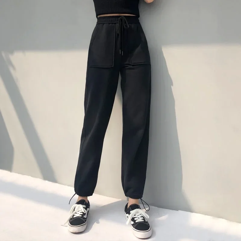 Women's Fashion High Waist Ankle Length Jogging Pants 2024 Sport Drawstring Pant Female Plus Size Casual Straight Trousers Lady