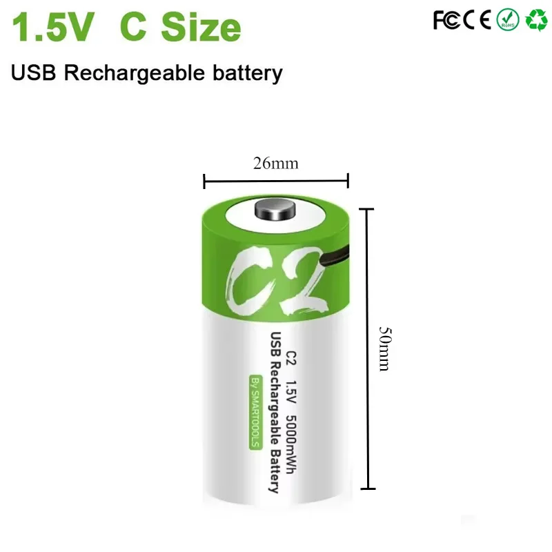 Batteria Ricaricabile LR14 Formato C 1.5V 5000mWh con Ricarica Rapida Tipo-C per Torce, Fornelli a Gas, Giocattoli, Tastiere Elettroniche - immagine 2