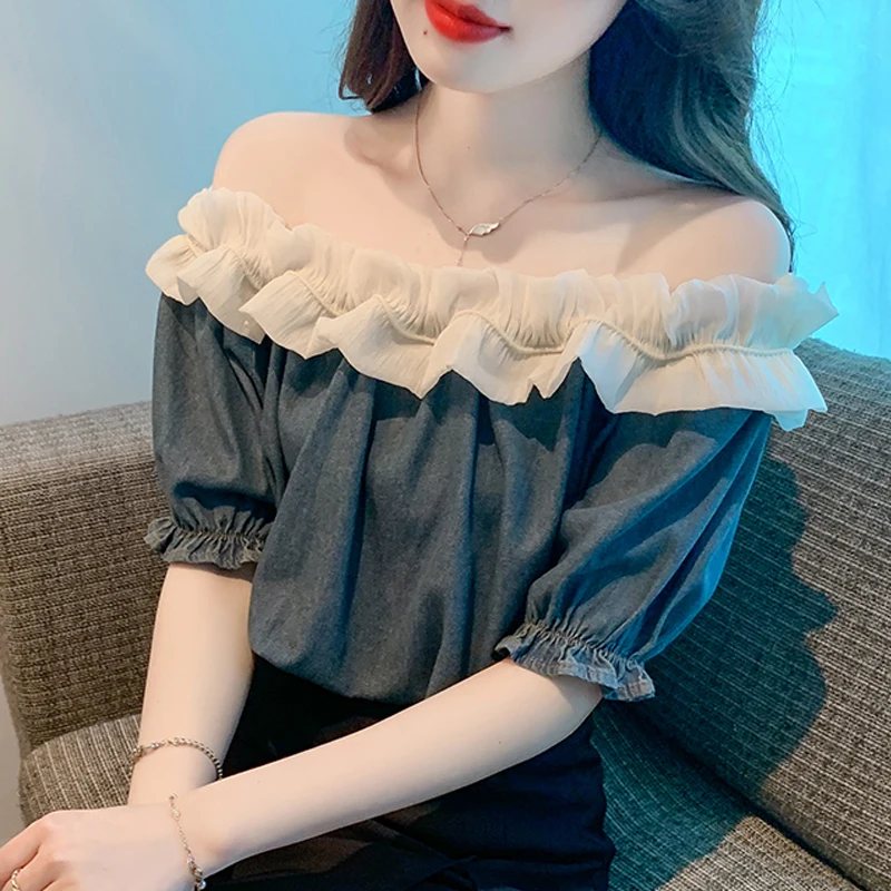 

Sweet Slash Neck Ruffles Shirt Off Shoulder Women Sexy Blouse French Style Chiffon Short Sleeve Clothes Spliced Denim Tops 27670