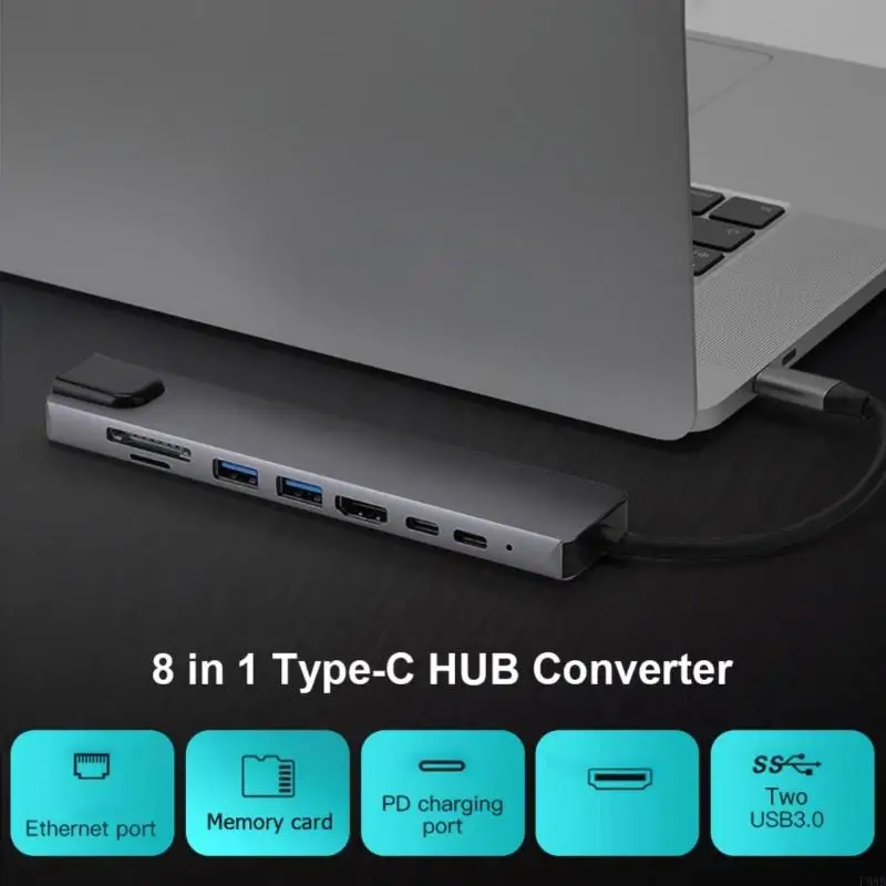 F68B 8 in 1 Dongle Docking Station Type-C Hub Converter Multiport Adapter with Gigabit Ethernet Card Reader Portable