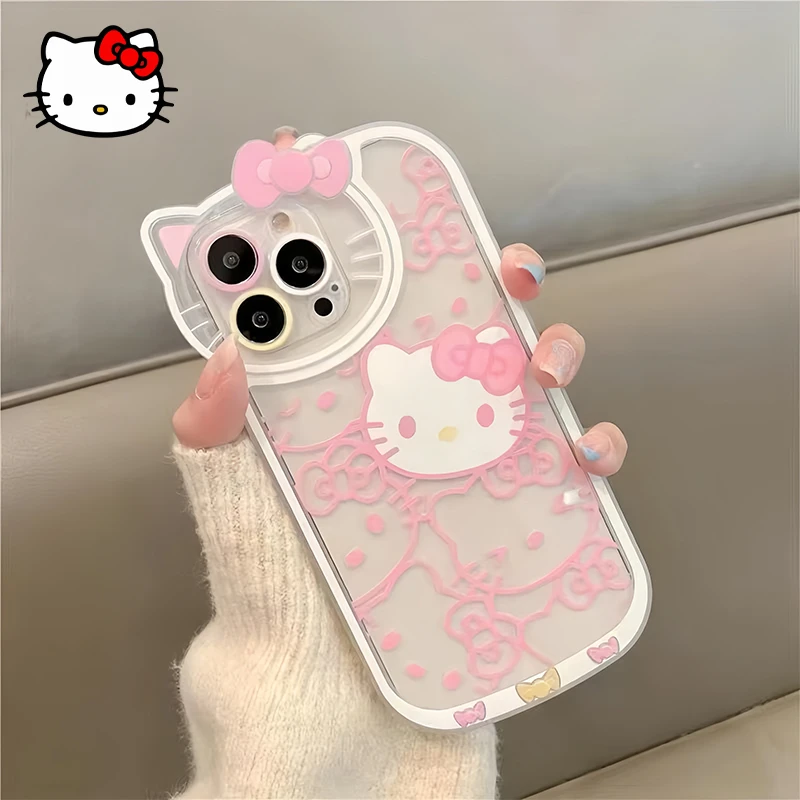 

Sanrio HelloKitty Kuromi Mobile Phone Case Kawaii Anime Girl Sweet Transparent Anti Fall Protective Case for Apple 15 14 13 Pro