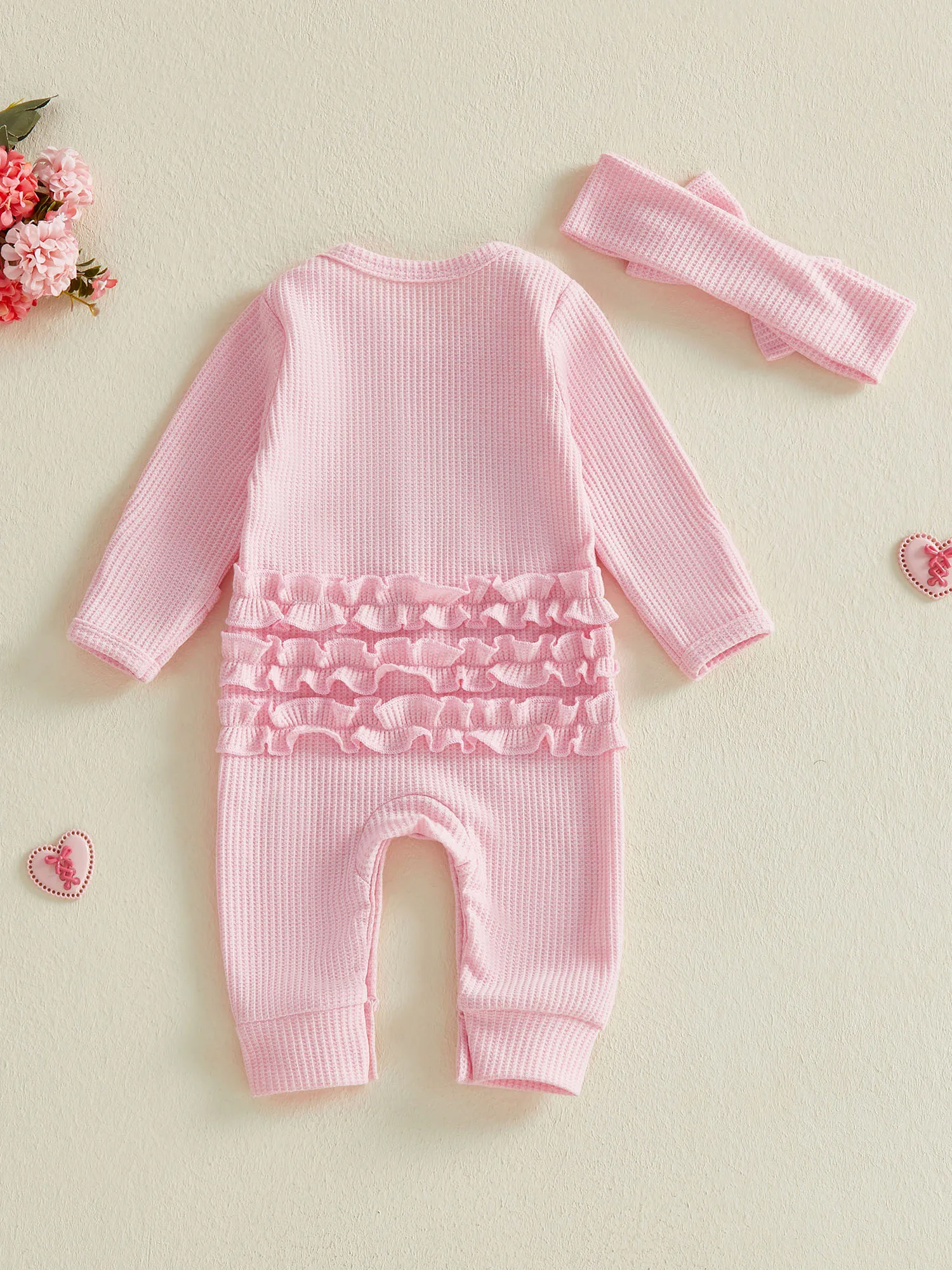 Adorable Baby Girls Romper Stylish Floral Print Ruffle Sleeve Jumpsuit with Matching Headband Set for Infants