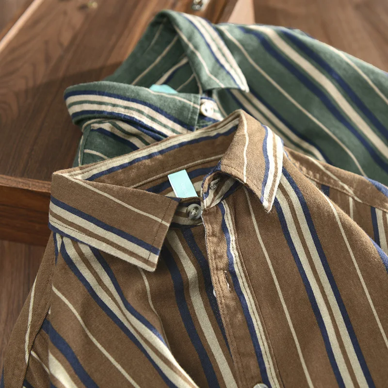 Retro Chic New Spring Autumn Men's Cotton 100% Striped Shirts Long Sleeve Loose Casual For Men Turn-down Collar Clothing