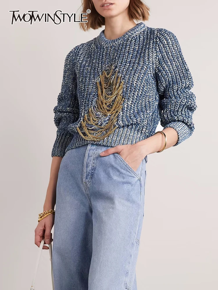 

Женский свитер с длинным рукавом TWOTWINSTYLE, Свободный Повседневный свитер с круглым вырезом и цепочкой, 2019