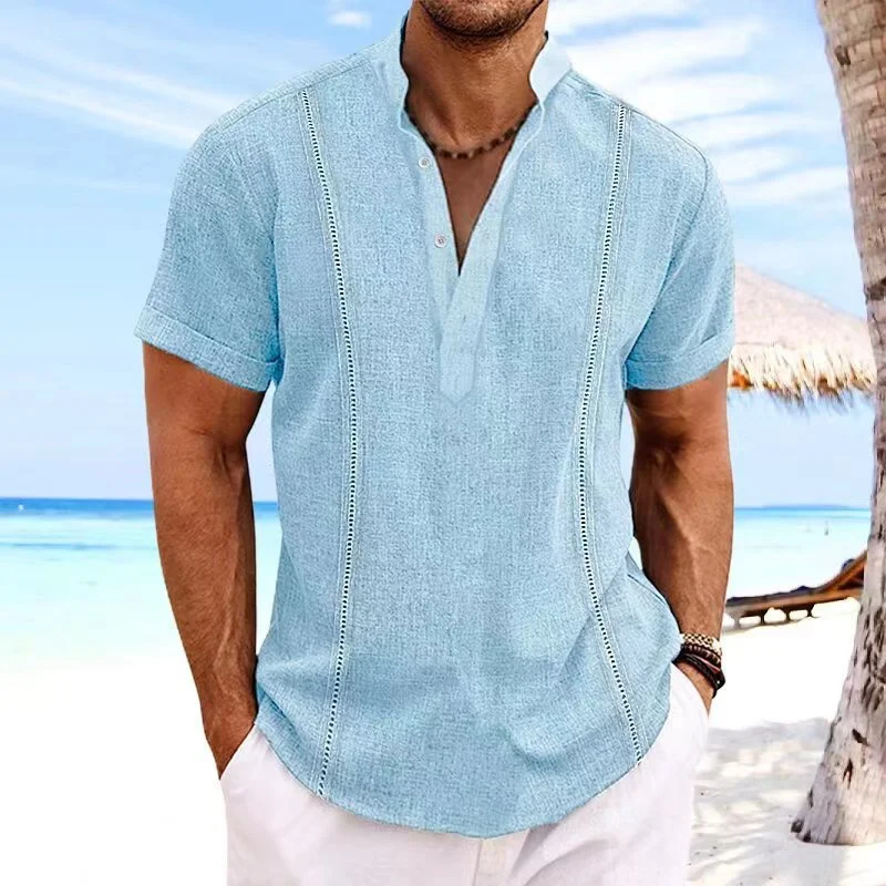 2024 summer new men's short sleeve Henri collar solid color Cuban Guayabera cotton shirt fashion trend beach men's top 2