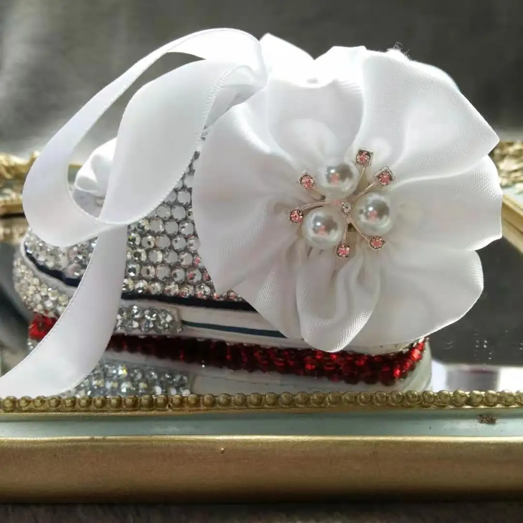 Baby shoes Dollbling Bling Rhinestones Canvas White Ribbon Hair Bows Headband Gift Keepsake Birthday Newborn Toddler Crib Pearls