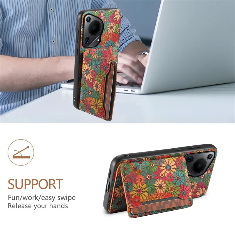 Floral Design Leather Magnetic Wallet Phone Case with Holder and Back Cover