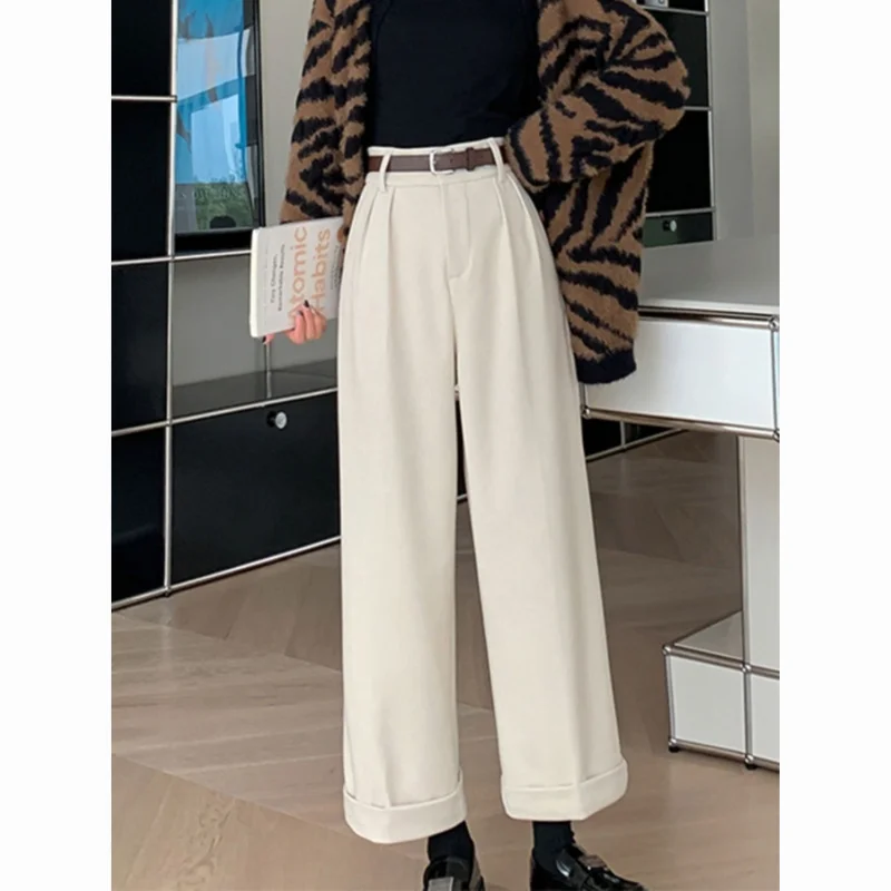Pantaloni da abito a nove punti larghi dritti spessi a vita alta autunno inverno a gamba larga in lana 3
