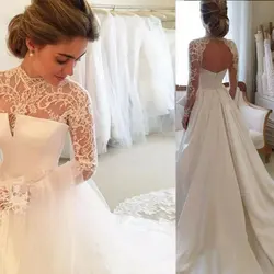 Long Sleeves Vintage Wedding Dresses 2022 Sweep Train Vestido De Novia Lace Satin Open Back 2022 Custom Made Robe De Mariee