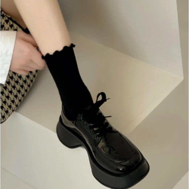 Platform Leather Shoes Women Mary Jane 2022 New Autumn New Fashion Lace-up Thin Pumps British Style Korean Style Ins Fashion