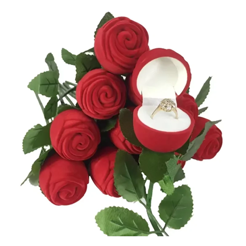 Flocked Rose Ring Box Long Root Rose Earring Ring Storage Box