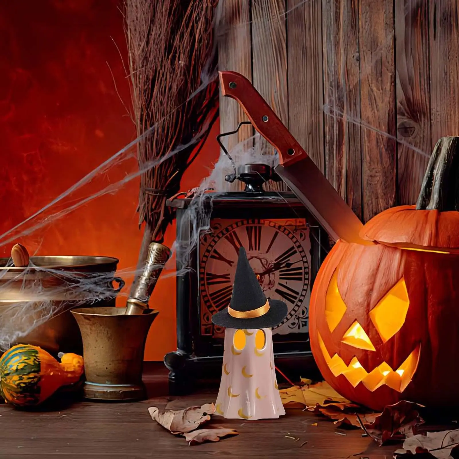 Halloween Ghost Figurine Decorative Halloween Desktop Sculpture Decorative Resin Light Up Ghost Wearing Witch Hat Sculpture For