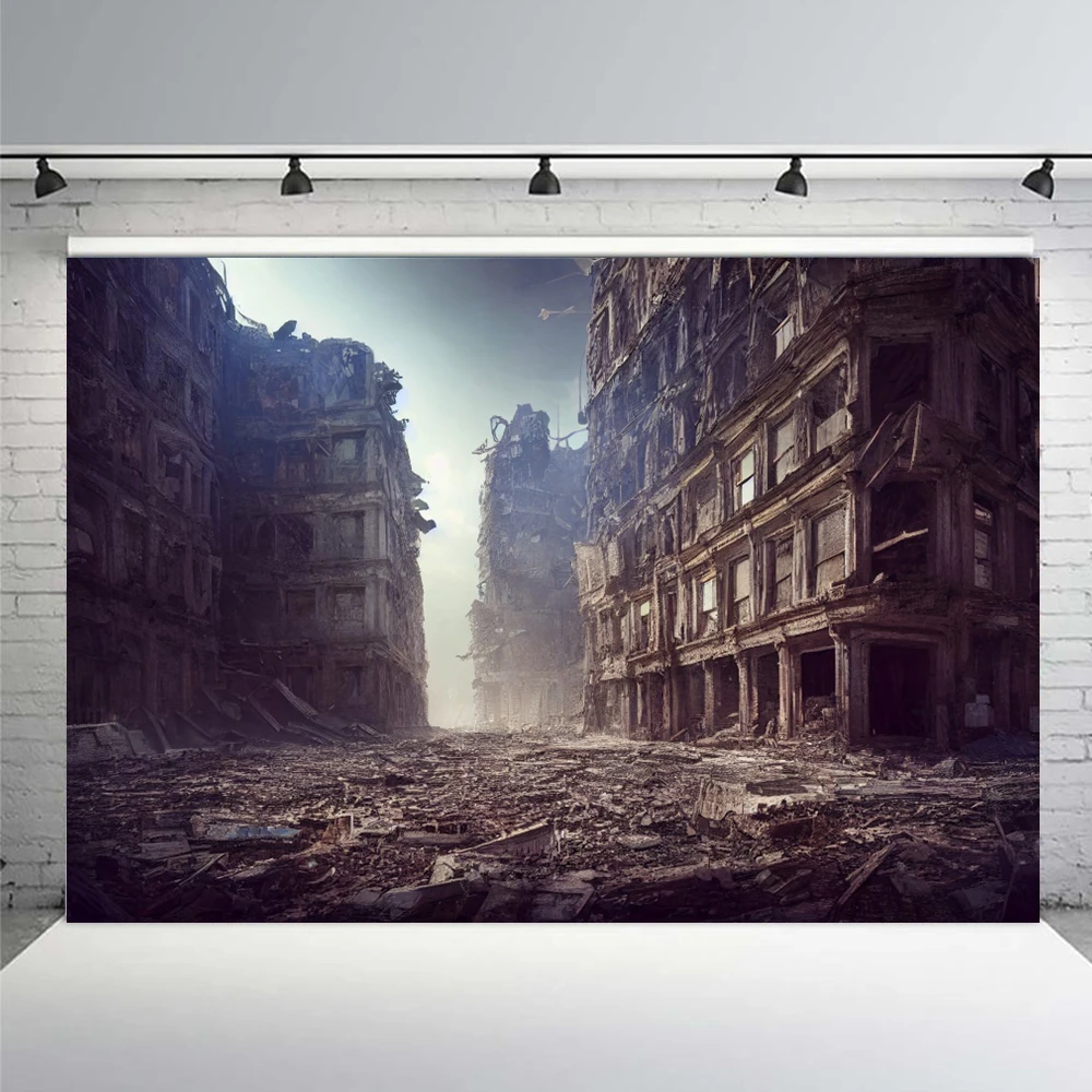 Ruined City Backdrop Doomsday Disaster Scenery Wildfire Burning Building Street Car Smoke Photo Background Studio Shoot Props photo backdrop