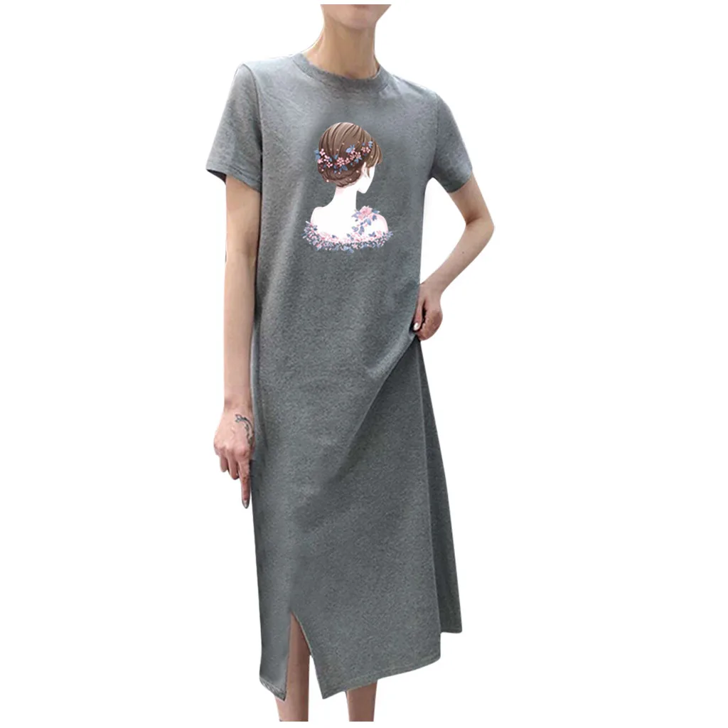 

Женское длинное свободное платье до колена, Повседневное платье с коротким рукавом и принтом, одежда для женщин на весну и лето