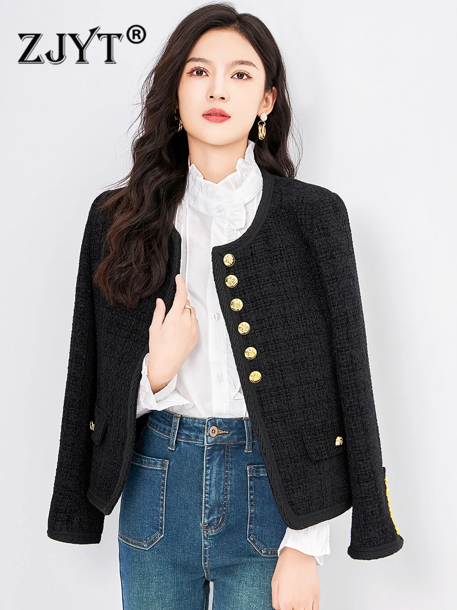 

ZJYT Elegant Ladies Black Tweed Woolen Jackets Coats for Women Autumn 2023 Single Breasted Office Party Outerwear Veste Femme